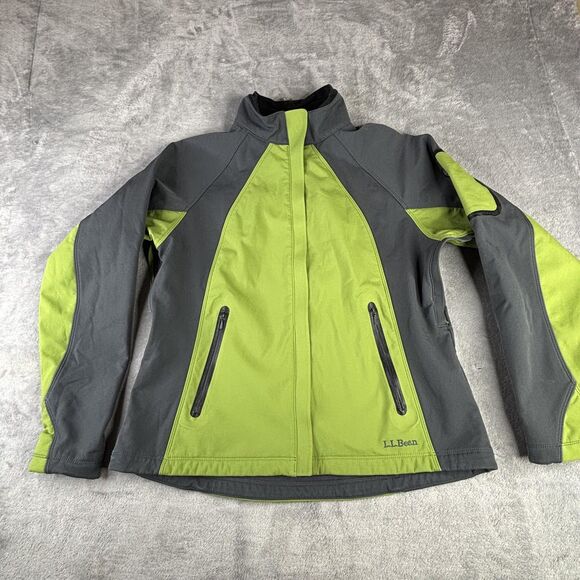 LL Bean Jacket Womens Medium Green Gray Softshell Full Zip Pit Zips Pockets - Picture 1 of 14